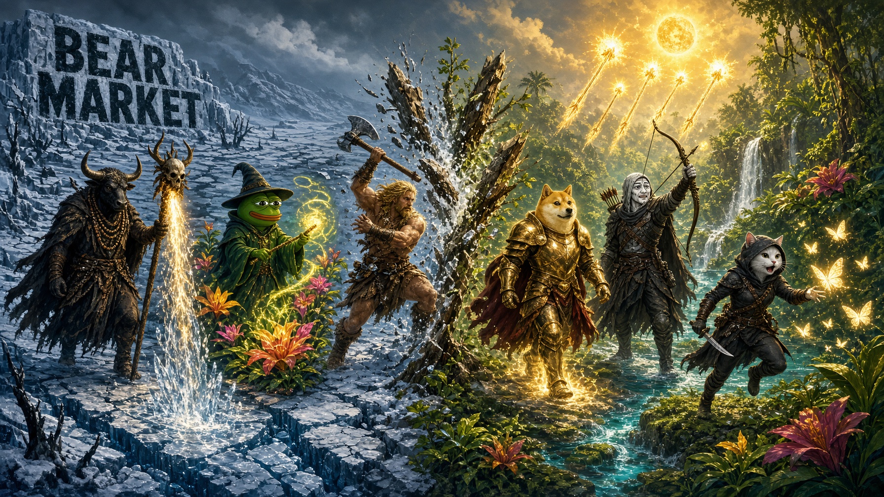 The heroes smashing through an icy BEAR MARKET wall into a glowing jungle