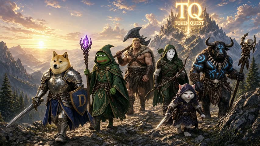 Animated clip of the roster marching down a mountain trail under the TQ sigil