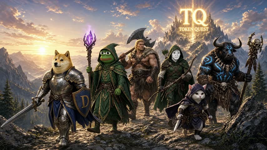 Animated clip of the Token Quest roster advancing beneath the golden TQ banner