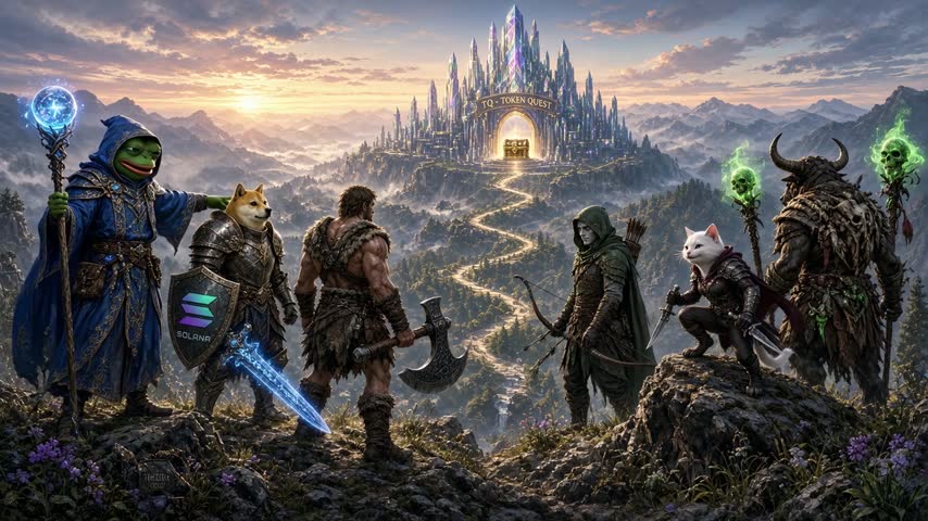 Animated clip of the heroes overlooking the glowing path to the Token Quest citadel