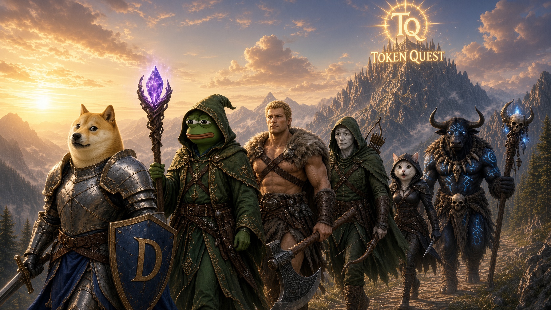 The heroes climbing a mountain path toward the glowing TQ Token Quest sigil