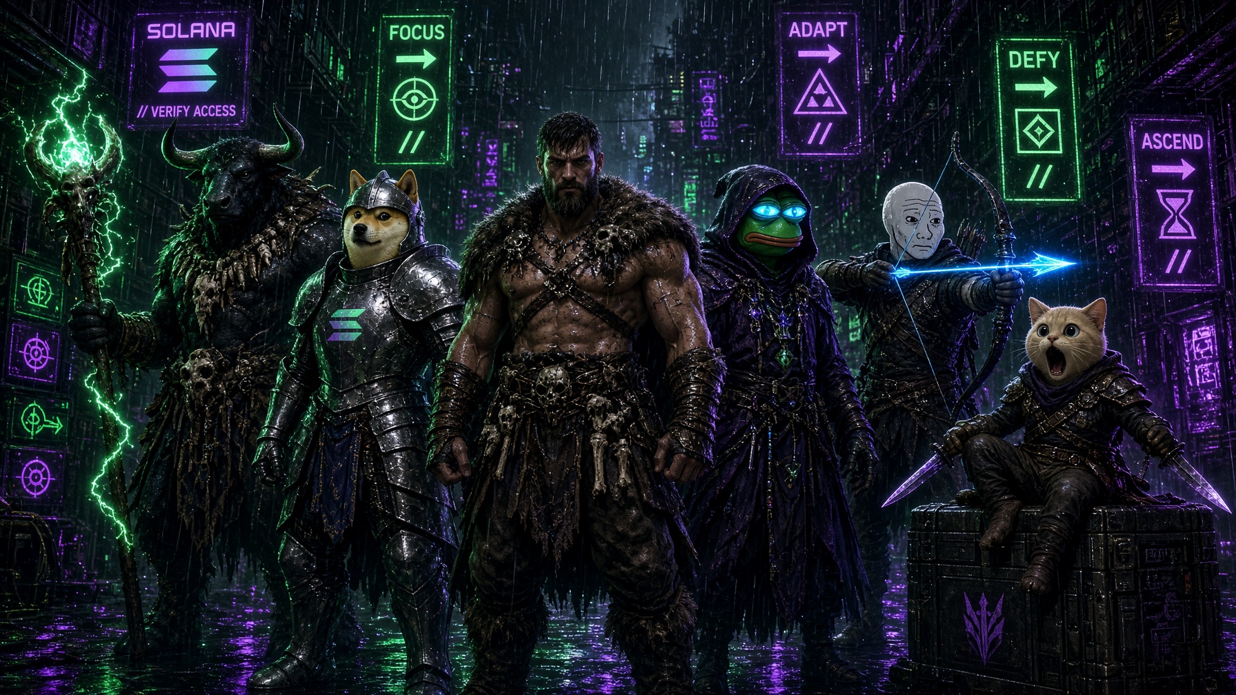 The roster standing in a neon cyberpunk alley under Solana verification signs
