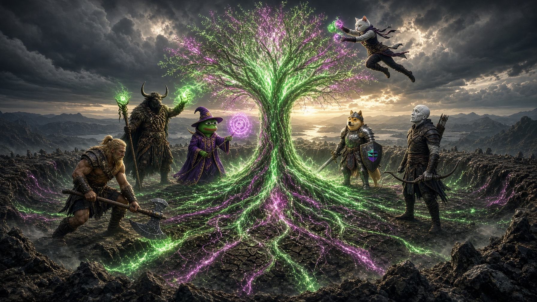 A glowing green and purple tree of liquidity surrounded by the heroes