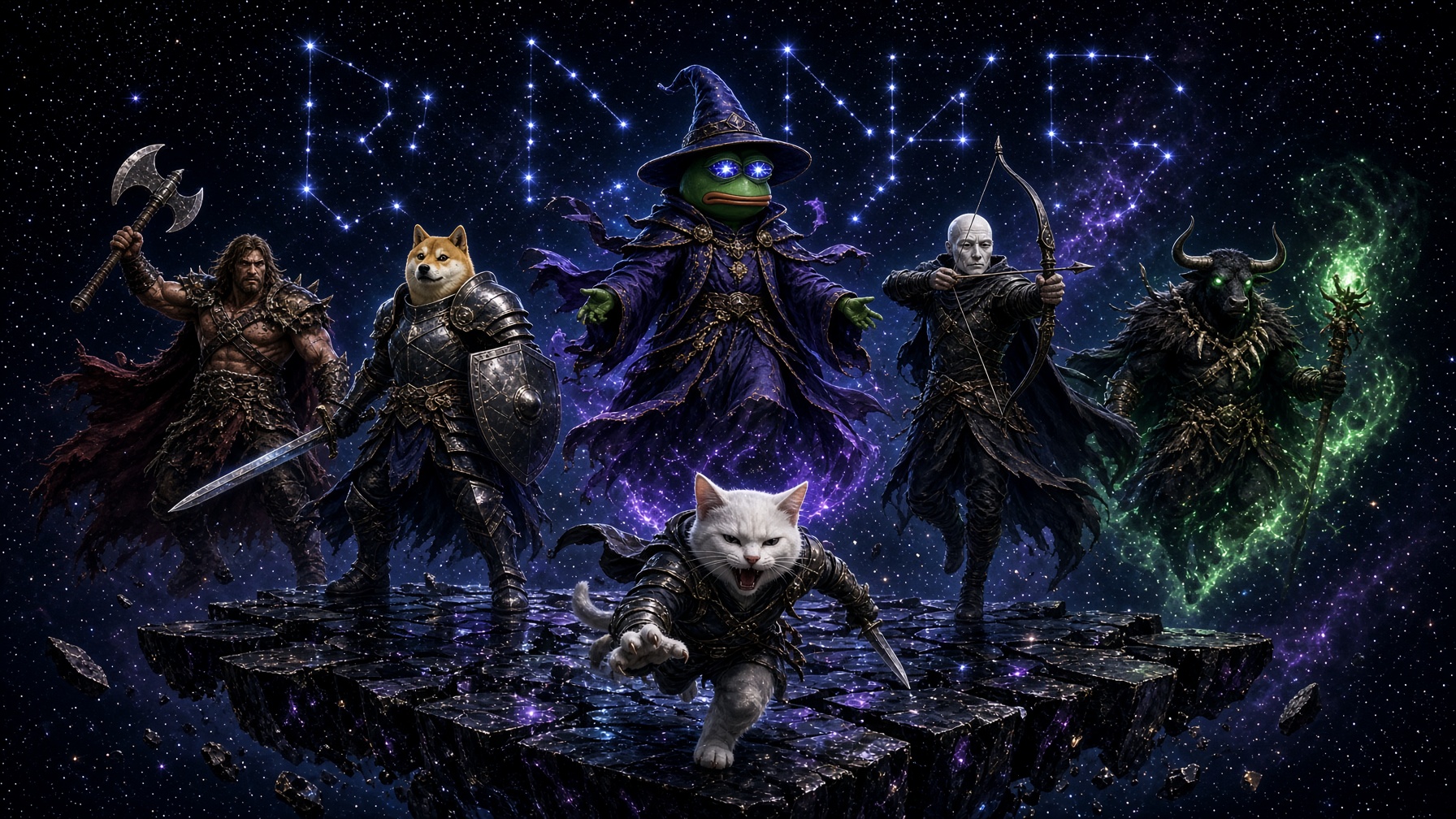 The roster leaping across a starfield platform in deep space