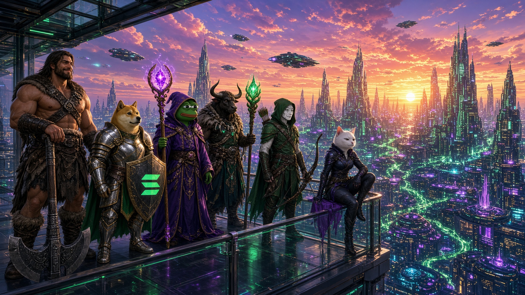 The heroes on a glass balcony above a neon futuristic city skyline