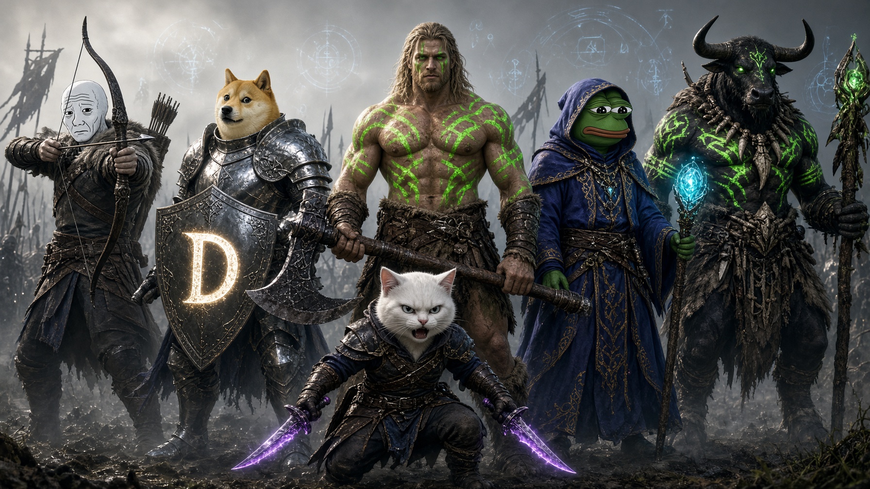 The roster on a misty battlefield with the glowing D banner shield