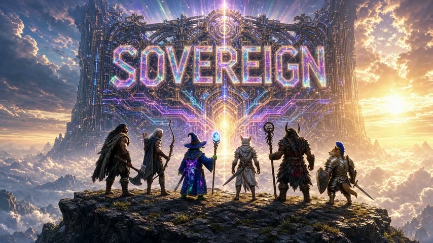 Animated clip of the six Token Quest heroes before the glowing SOVEREIGN gate