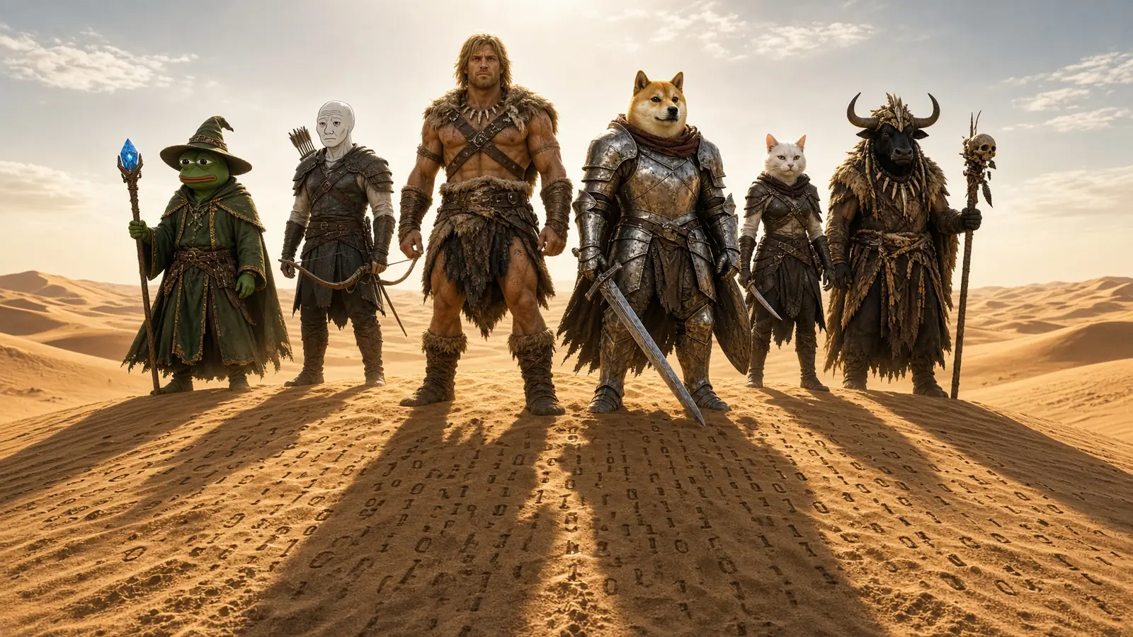 The Token Quest heroes crossing a vast dune marked with lines of binary code