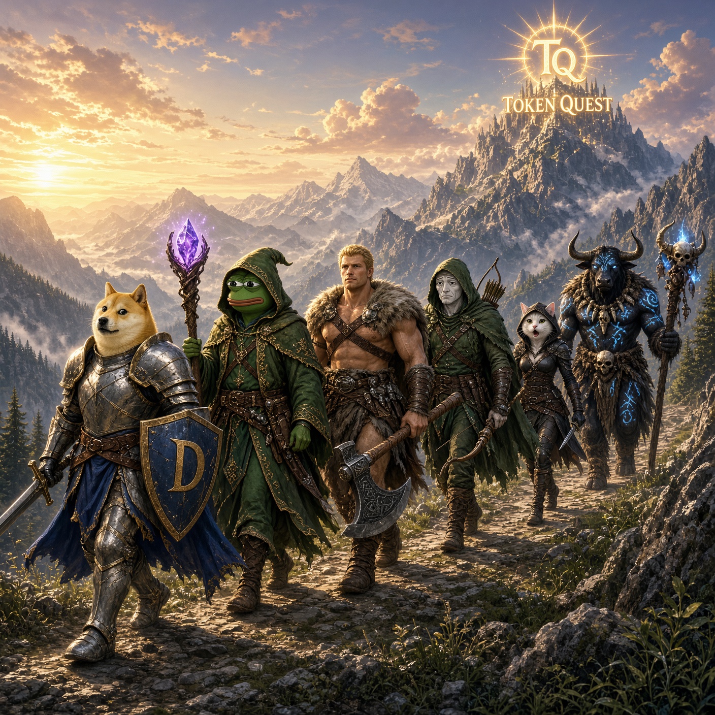 Square key art of the six heroes marching under the Token Quest sigil