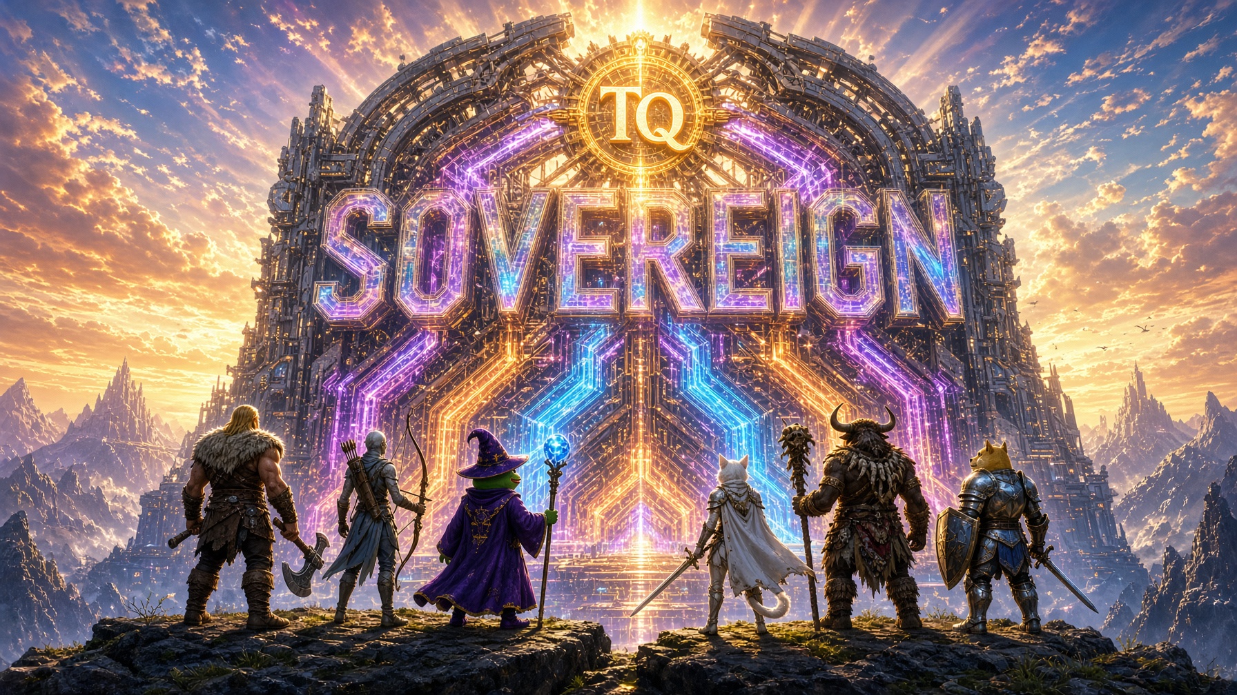 The six Token Quest heroes standing before the glowing SOVEREIGN gate at sunset