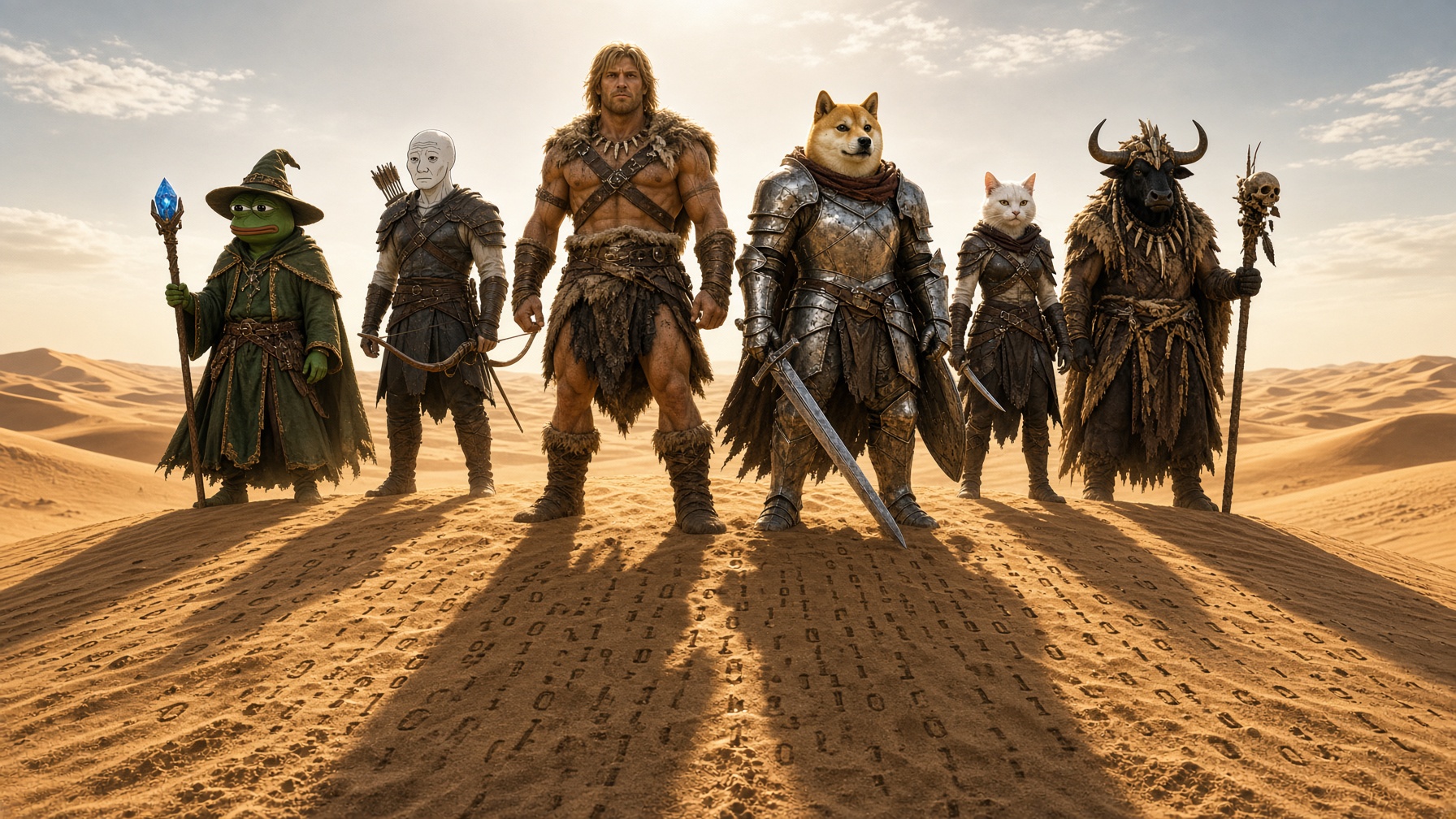 The roster standing on a desert dune covered in binary code